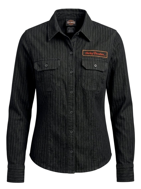 Harley-Davidson Tops - Harley-Davidson Black Pinstripe Workshirt with Orange Patch
